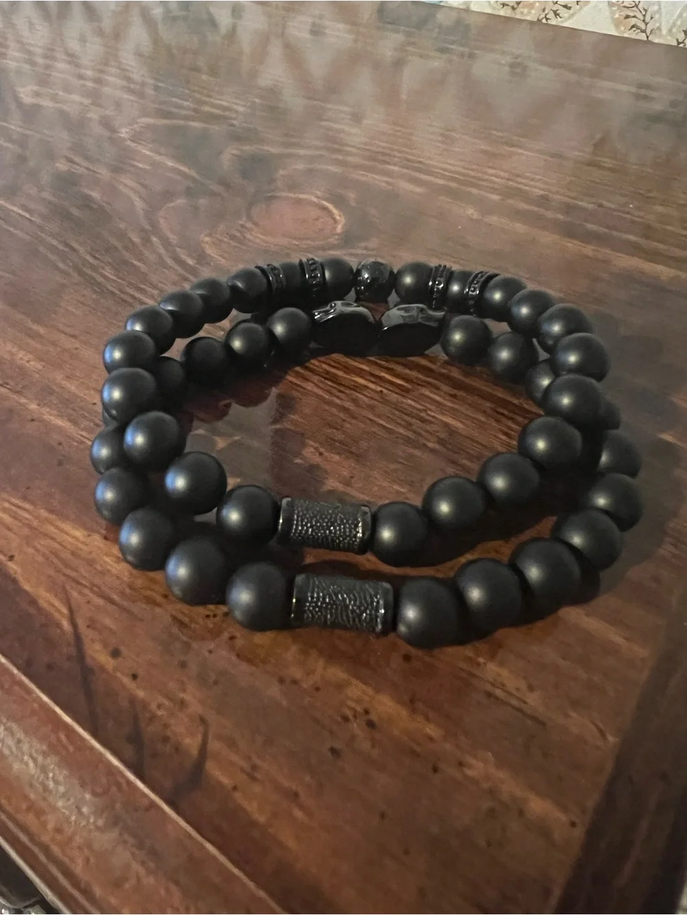 SkeletonHD Matte Black Skull Beaded Bracelet Set Men's Gothic Onyx Stretch Stack